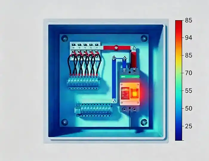 thermal image showing loose connection causing DC MCB overheating in solar combiner box