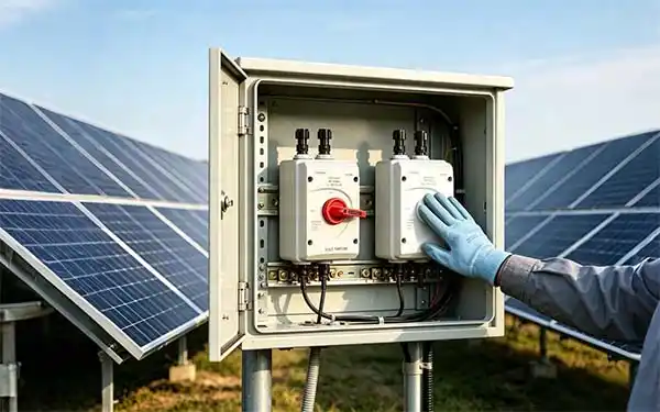 technician checking dc isolator switch temperature with back of hand for safety