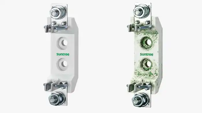 comparison of clean vs corroded DC fuse holder contacts in outdoor PV system