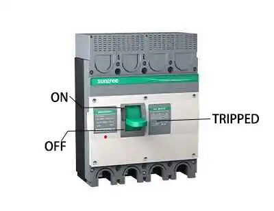 diagram showing DC MCCB handle positions ON TRIPPED and OFF for reset procedure