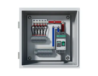 solar combiner box showing holders and circuit breakers