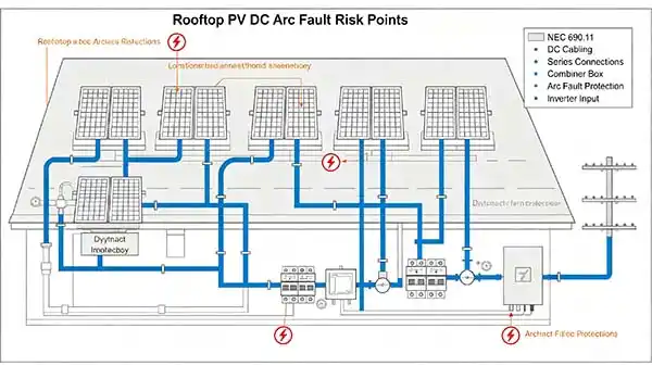 Schematic diagram of a rooftop PV system highlighting DC cabling, connections, and components where arc faults may occur per NEC 690.11.