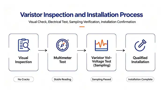 DC surge protection device receiving inspection workflow - visual inspection, multimeter go/no-go test, and varistor voltage sampling test