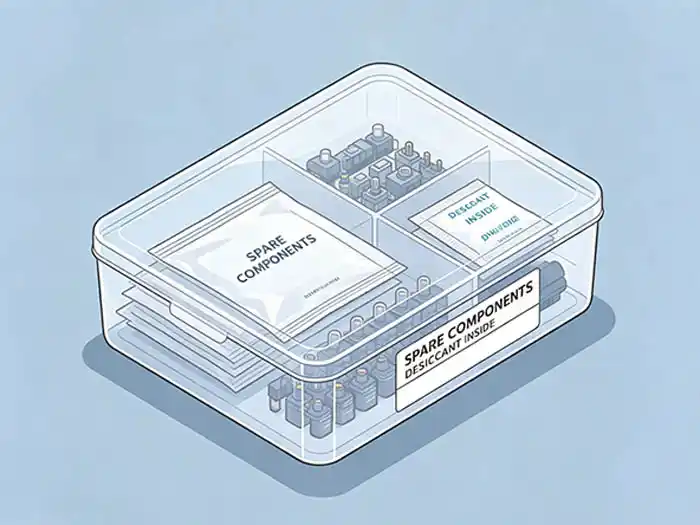 proper storage of spare dc protection components in labeled boxes with desiccant