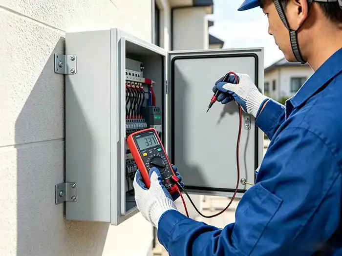 technician using multimeter to diagnose DC circuit breaker PV
