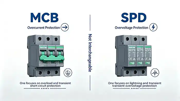 comparison infographic of DC MCB for overcurrent protection and DC SPD for overvoltage protection in solar combiner box showing they cannot replace each other