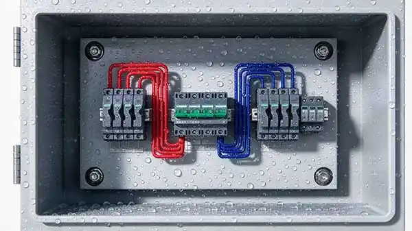 Fine condensation droplets across the inner cover of a solar combiner box after overnight cooling