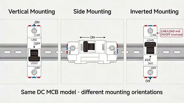 DC MCB mounted vertically, sideways and upside down on a DIN rail for comparison