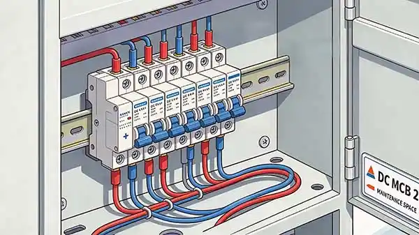 Sideways-mounted DC MCB in a distribution panel showing terminal access, cable bend space and label visibility